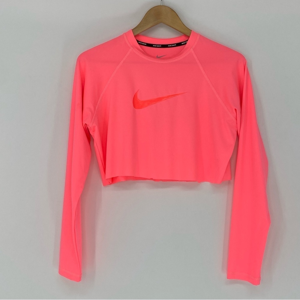 Nike Swim Neon Pink LS Cropped Cutoff Dri Fit Tee Sz Large - Picture 7 of 10